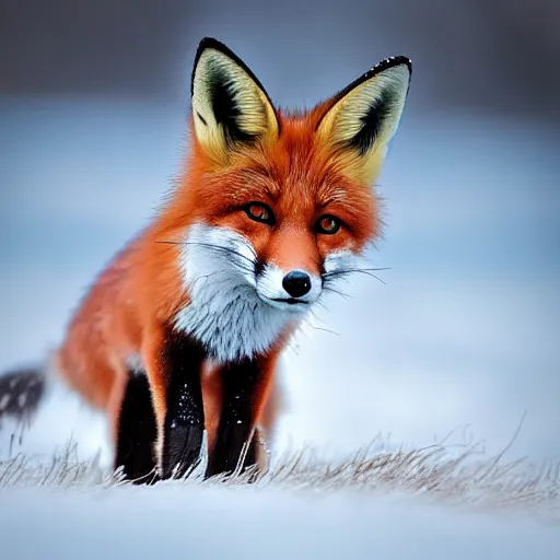 Image similar to Photorealistic photograph of a cute fox in snow by Suzi Eszterhas, photorealism, photorealistic, realism, real, highly detailed, ultra detailed, detailed, 70–200mm f/2.8L Canon EF IS lens, Canon EOS-1D Mark II, Wildlife Photographer of the Year, Pulitzer Prize for Photography, 8k, expo-sure 1/800 sec at f/8, ISO 400