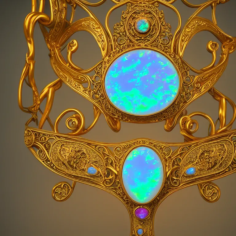 Image similar to historical, art nouveau, ornate, delicate, opals and cyan gemstone choker, glowing inside, shiny gold, octane render, realistic, dramatic light, 3 d, photograph 4 k,