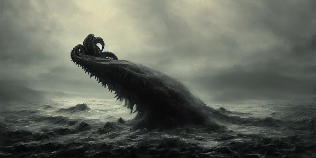 Image similar to cthulhu rising out of the ocean, hyper realistic oil painting, dark, moody cinematic lighting, creepy, fog, storm clouds, by greg rutkowski, trending on artstation