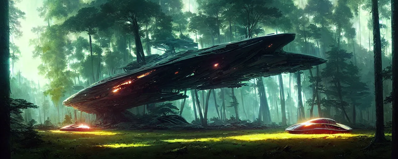 Image similar to a giant spaceship wrecked and lost in the forest, detailed digital art by greg rutkowski.