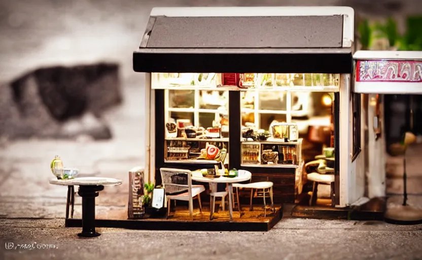 Prompt: mini cafe diorama macro photography, ambient, atmospheric photograph