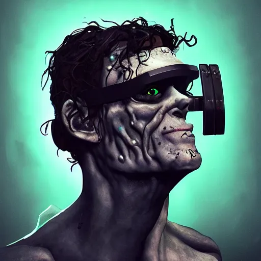 Image similar to frankenstein wearing a vr headset, dark synthwave style, trending on artstation