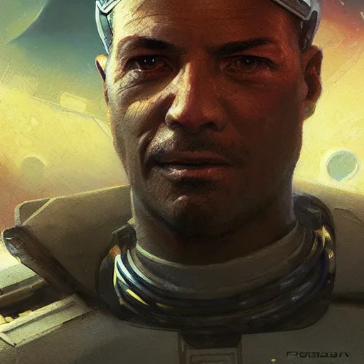 Prompt: a middle eastern starship crew member with cybernetic enhancements, close - up, sci fi character portrait by greg rutkowski, craig mullins