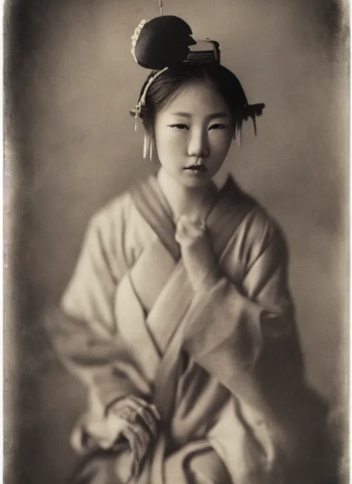 Image similar to a wet plate portrait of a young asiatic young woman, geisha, photorealistic, cinematic light, highly detailed, smooth, sharp focus, illustration, shallow depth of field