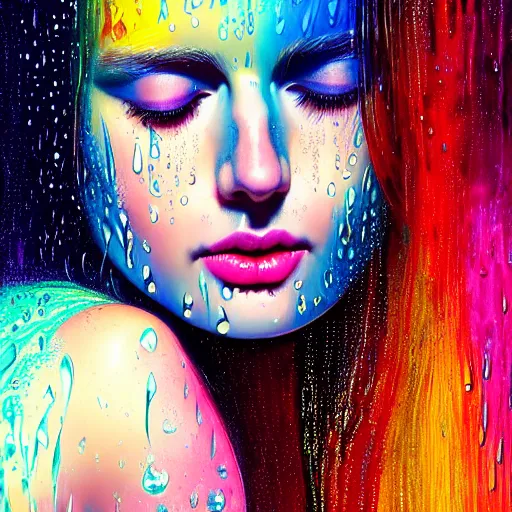 Prompt: portrait of girl in uniquely colored psychedelic rain with wet hair and face, water drops, epiphany, bliss, fantasy, intricate, elegant, dramatic lighting, highly detailed, lifelike, photorealistic, digital painting, artstation, concept art, smooth, sharp focus, illustration, art by John Collier and Albert Aublet and Krenz Cushart and Artem Demura and Alphonse Mucha