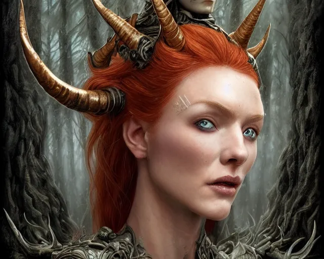 Image similar to 5 5 mm portrait photo of an armored gorgeous anesthetic redhead woman warrior with a face tattoo and horns growing from her head and a gargoyle sitting on her shoulder, in a magical forest in the style of greg rutkowski. by luis royo. highly detailed 8 k. intricate. lifelike. soft light. nikon d 8 5 0. cinematic post - processing