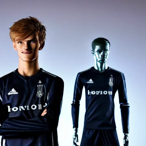 Prompt: a realistic detailed photo of a guy who is an attractive humanoid who is half robot and half humanoid, who is a male android, soccer player martin ødegaard, shiny skin, posing like a statue, blank stare, in a gaming room, on display