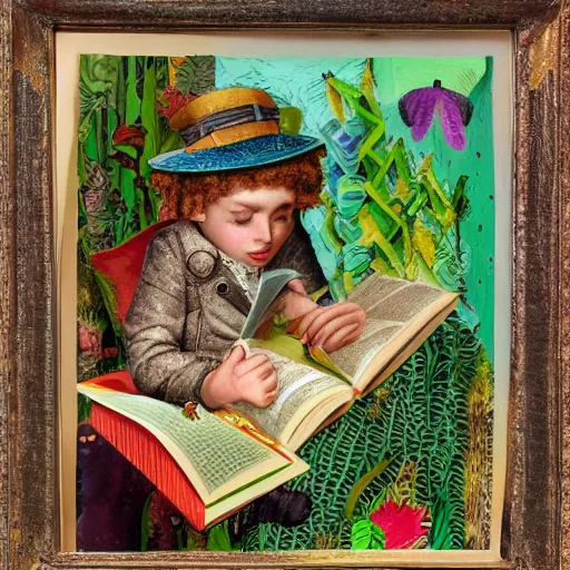 Prompt: HD 8x hyperdetailed mixed media collage portrait of a man with a maximalist hat made of plants, reading a book to a child