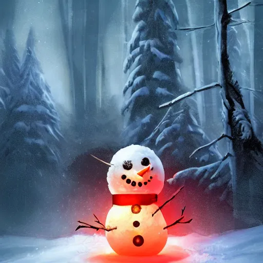 Image similar to a snowman, half made out of cyborg parts, with one glowing red eye, with an evil smile on his face, in the middle of a snow forest, dynamic lighting, photorealistic fantasy concept art, trending on art station, stunning visuals, creative, cinematic, ultra detailed