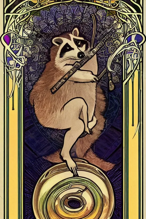 Image similar to Tarot card illustration of The Raccoon Playing a Tuba, illustration by Alphonse Mucha, art nouveau style, elaborate details, 4k