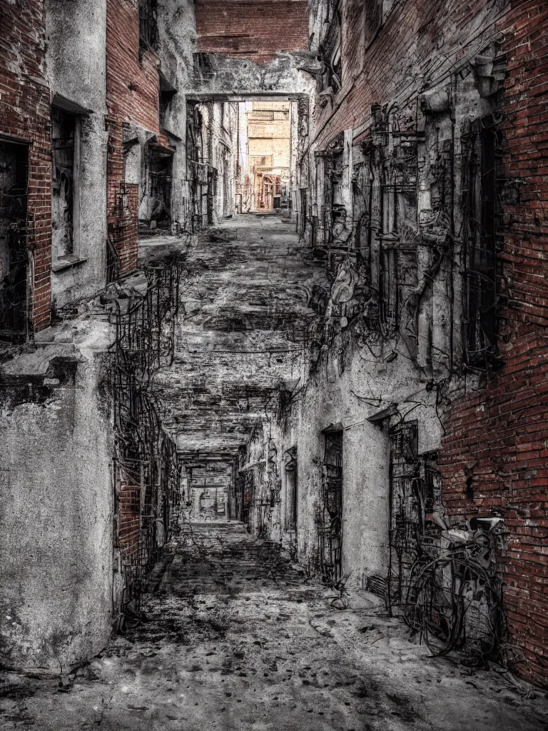 Prompt: photograph of a grunge dirty alley, bullet holes, wall brick concrete plaster eroded worn, riddled with bullet holes, dark dramatic lighting, hyper-realistic, ultra-realistic, intricate details, 4k, unreal 5, digital art