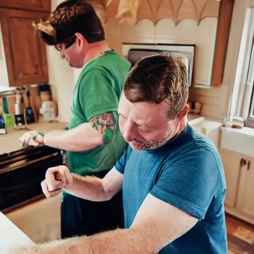 Image similar to an irish middle aged gentleman with brown moptop hair and red cheeks is doing the chicken dance in his kitchen. he is clean shaven. he is wearing a dark blue tshirt and khaki shorts. he holds his arms out like they are chicken wings and dances animatedly. he has no beard or moustache.