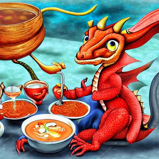 Image similar to Funny Dragon eating russian borsch soup on the Red Square, digital art