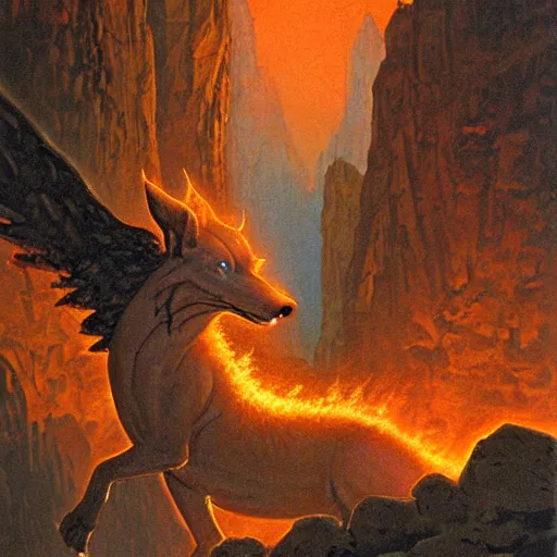 Prompt: Highly detailed oil painting of a fire hellhound on a narrow rock bridge, underground, intricate artwork by Angus McBride, John Howe, Matthew Stewart, Ted Nasmith, heroic fantasy