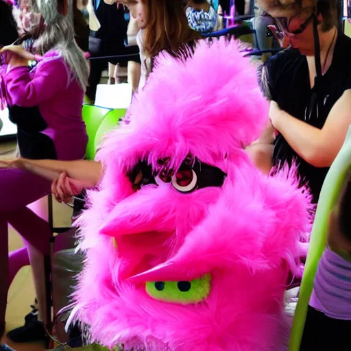 Prompt: hot pink feather boa muppet at furry convention