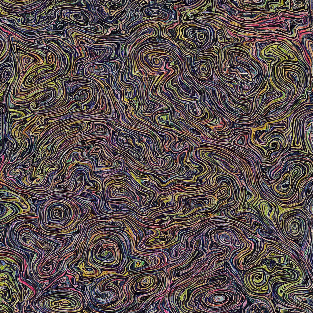 Prompt: colorful topo camo, swirls, technical, acrylic, eyes, teeth, death metal, eerie, tribal, clay, dotting, lines, stipple, points, cybernetic, style of old painting, francis bacon art, sleep paralysis, hypnosis, eerie, terror, oil, neon, black and white, circles, varying width, colorful dots, ominous, abstract