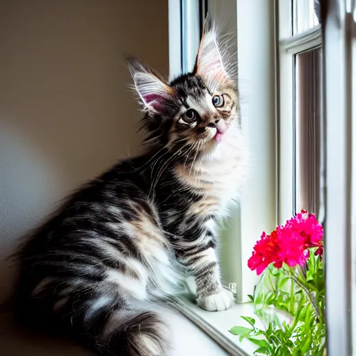 Image similar to medium - shot view from the back of a backlit maine coon kitten gazing out a sunny window on a warm day and watching the flowers. 3 5 mm, f / 1 1. 0, is 1 0 0