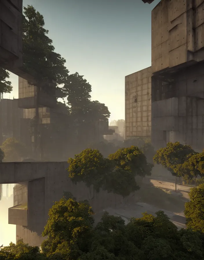 Image similar to brutalist architecture, streetscapes surrounded by lush green forest, view from ground level, stunning volumetric lighting, sunset, rusted steel, smooth solid concrete, stunning skies, trending on Artstation, 8k, photorealistic, hyper detailed, unreal engine 5, IMAX quality, cinematic, epic lighting, in the style of the game DOOM, by Greg Rutkowski