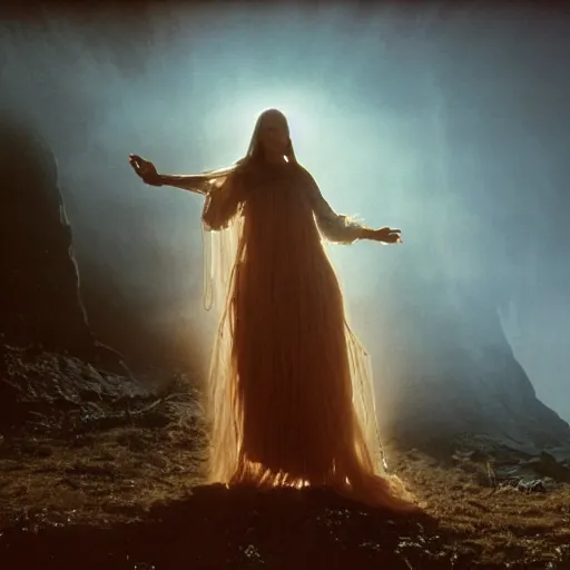 Image similar to 1 9 7 0's artistic spaghetti western movie, a woman in a giant billowy wide flowing waving dress made out of white smoke, standing inside a dark western rocky scenic landscape, volumetric lighting, backlit, moody, atmospheric