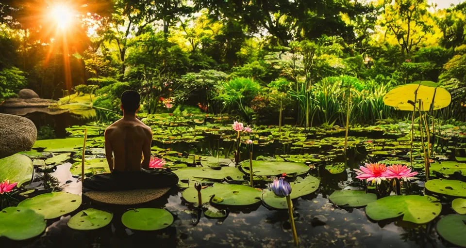 Image similar to ant view of a zen master symmetrical body, clothed in a beautiful kimono quietly sitting in a rock garden overlooking a pond of lilly pads during a sublime sunset, one sun, his dark silhouette completely obscured by bokeh, colorful masterpiece photography,