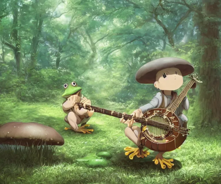 Image similar to frog playing a banjo in front of a mushroom in a forest, anime fantasy illustration by tomoyuki yamasaki, kyoto studio, madhouse, ufotable, comixwave films, trending on artstation