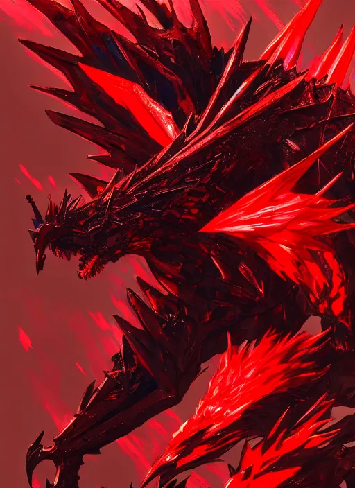 Image similar to Majestic red dragon with blue eyes. In style of Yoji Shinkawa and Hyung-tae Kim, trending on ArtStation, dark fantasy, great composition, concept art, highly detailed.