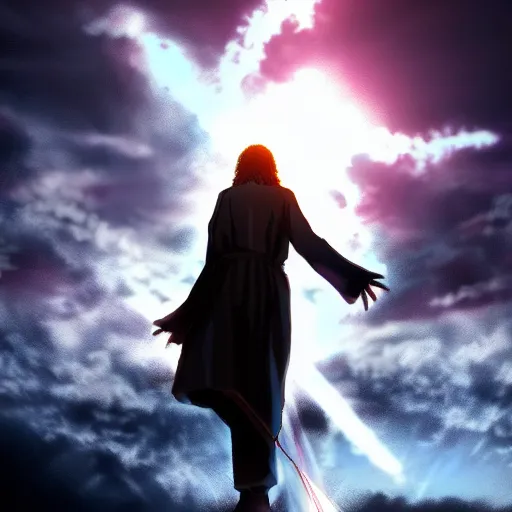 Prompt: jesus anime style standing between heaven and hell , badass, mega detailed, volumetric lighting, sharp focus, ultra detailed