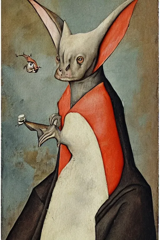 Image similar to silly hieronymus bosch creature. framed oil painting portrait of a bat in fancy felt robes. muted colour palette
