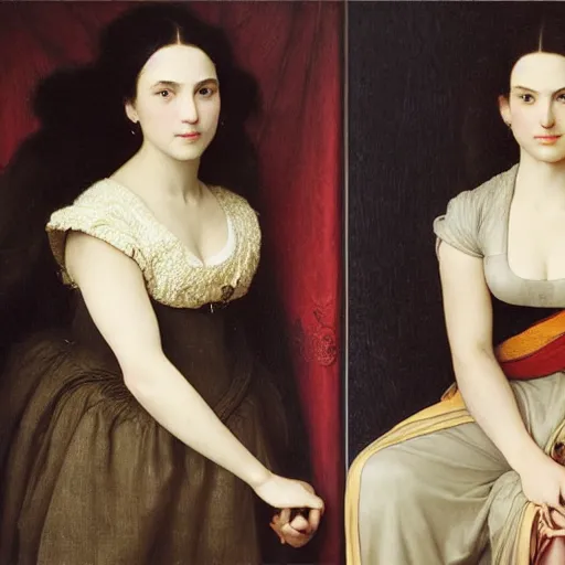 Prompt: museum quality painting of yamaguchi momoe and natalie portman, by jan van eyck, tom bagshaw, jean delville, william bouguereau, albrecht durer