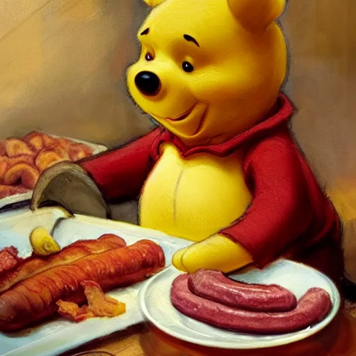 Prompt: close up of winnie the pooh with a plate of sausages and bacon, cinematographic shot, by daniel f. gerhartz