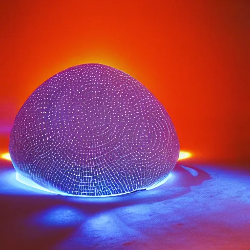 Image similar to annie liebowitz portrait of a plasma energy tron dinosaur egg in the shape of a random circular shapes, made up of glowing electric plates and patterns. cinestill