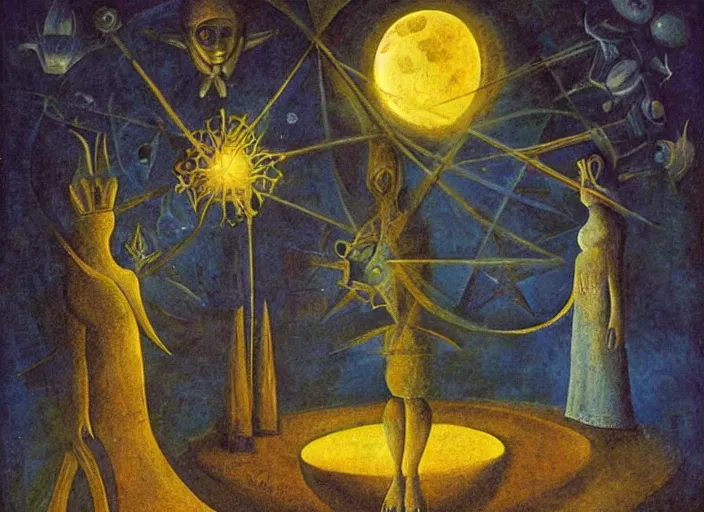 Prompt: an ancient full moon, cosmic universe, aquarius, by remedios varo, reflection, symbolist, warm colors, dramatic lighting, smooth, sharp focus, extremely detailed, aesthetically pleasing composition