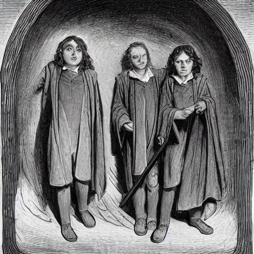 Image similar to harry potter students, by gustave dore and william blake