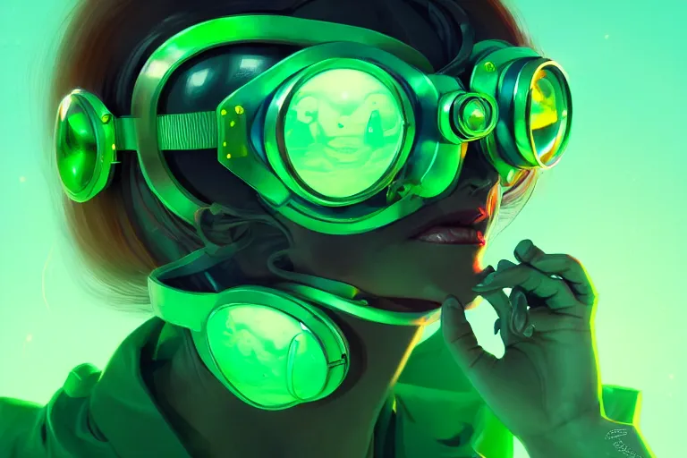 Prompt: a female scientist wearing futuristic goggles, experimenting on green glowy goo, cinematic lighting, peter mohrbacher, wlop, trending on artstation