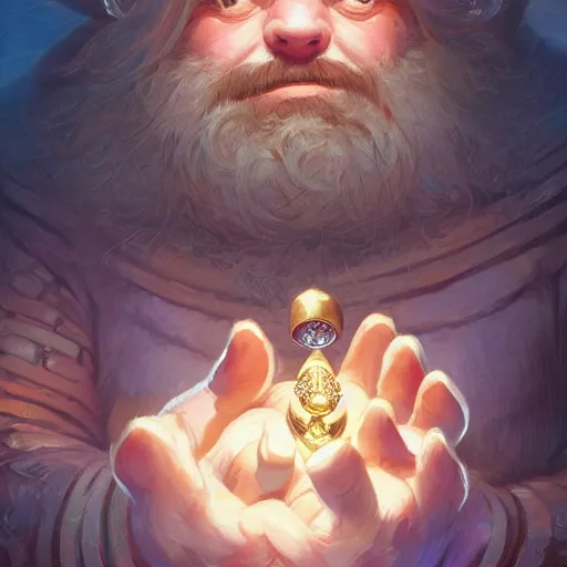 Prompt: a detailed portrait of a dwarf holding a shiny diamond, by justin gerard and victo ngai, digital art, realistic painting, very detailed, fantasy, dnd, trending on artstation