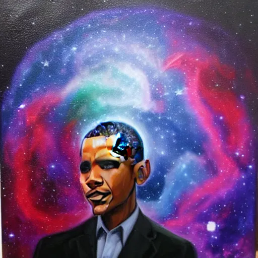 Prompt: A nebula in the shape of Obama surrounded by the cosmos, oil painting