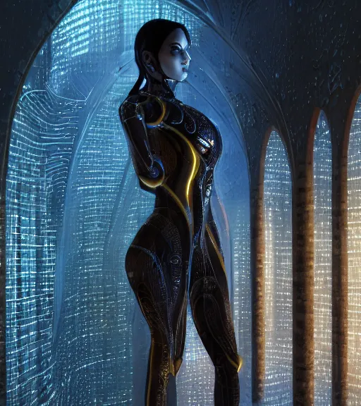 Image similar to tarkovsky greatest scene, the ancient majestic tower of babylon, woman in futuristic cyber clothing, transparent puffer jacket, hyper realistic, blockchain world, cyber world, ambient lighting, concept art, intricate, hyper detailed, smooth, dynamic volumetric lighting, octane, ray trace, cinematic, high quality, high resolution, 4 k, cgsociety