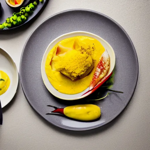 Prompt: aji de gallina, garnish, trendy, elegant, michelin star restaurant, award winning photo, food photography, 4 k