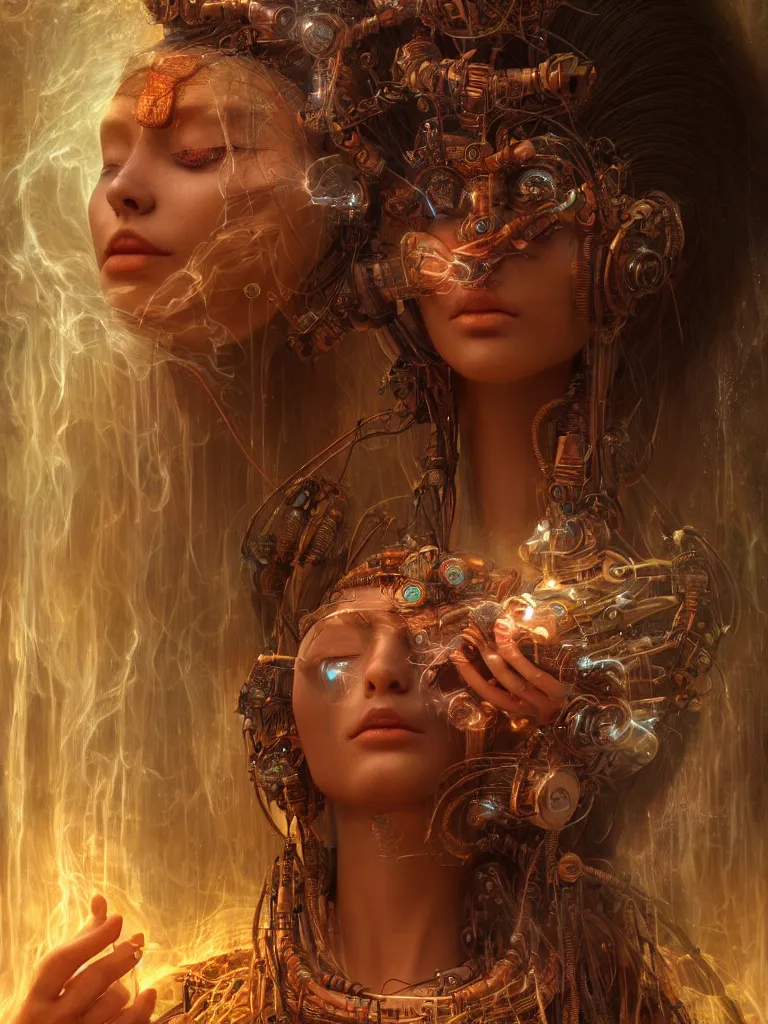 Image similar to an ancient mystical alluring female shaman generating flowing energy and surrounded by wisps of incense smoke sits meditating in a magical cybernetic robot temple, face face face, by karol bak, 3 d, cinema 4 d render, trending on artstation