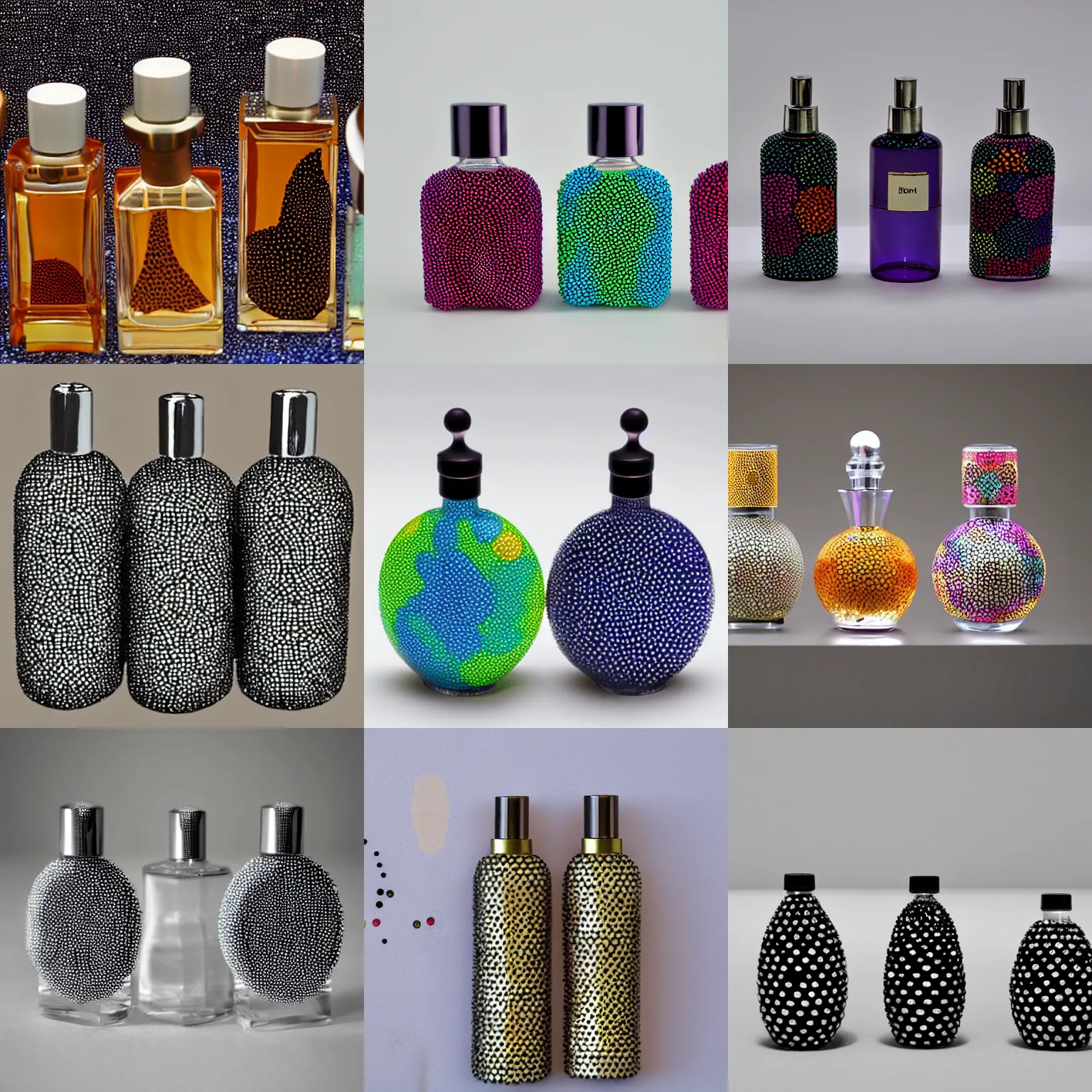 Prompt: perfume bottles, dot art by benday