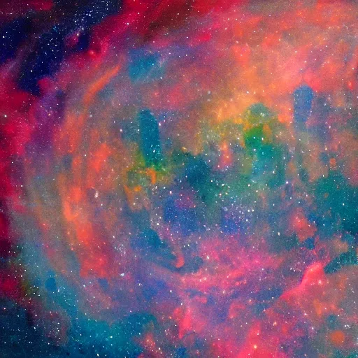 Image similar to hypatia dissolving into a nebula, smiling, oil painting