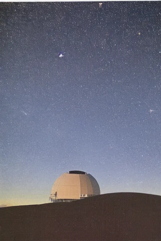 Prompt: huge telescope on mauna kea, big telescope in front, starry sky in background, blue color scheme, wide - angle lens, by hasui kawase, ukiyoe
