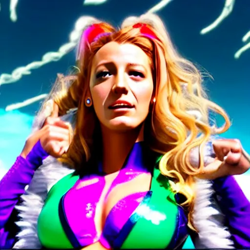 Image similar to cinematic scene with blake lively as jolyne from jojo's bizarre adventure, live action film, stone ocean, dramatic, small details, volumetric lighting, still frame