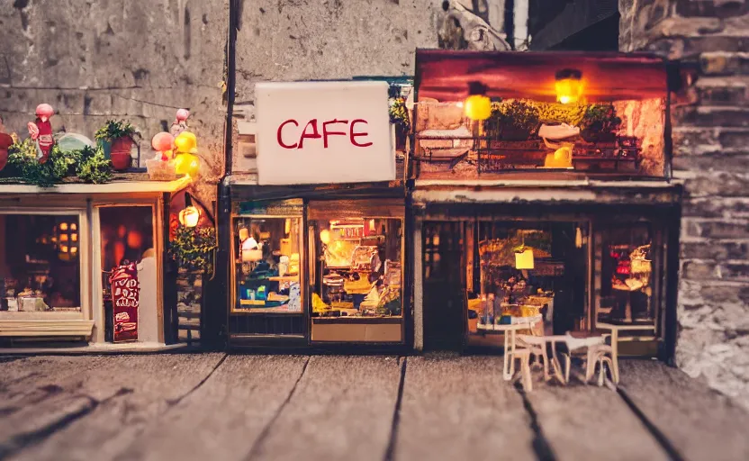 Image similar to miniature cafe diorama macro photography, cafe for mice, alleyway, ambient, atmospheric, british, bokeh, romantic, colorful paper lanterns