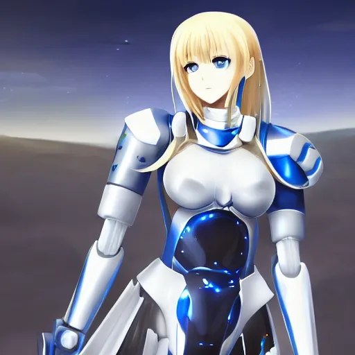 Image similar to beautiful and gorgeous full body image of saber from fate / stay night anime as a sci fi robot, high details, high resolution, noise filtered, artstation, 4 k, highly detailed, high quality, drawn by anime