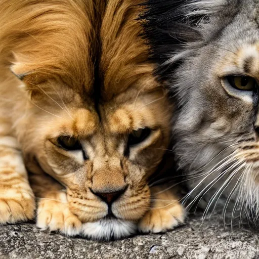 Image similar to 4k photo of a lion and a Persian cat staring in camera, nikon, extremely detailed, aperture, F2.8