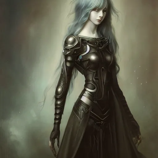 Image similar to by Tom Bagshaw, ultra realist soft painting of anime universe of curiosities, single female ghost mutation wearing a full gothic armor, partial symmetry accurate features, very intricate details, focus, curvy, award winning, ultra dense fog