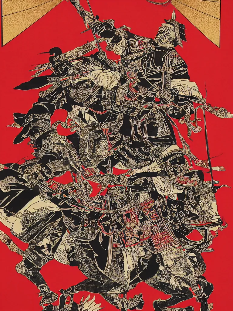 Image similar to an epic detailed political poster of a Japanese samurai in a temple, with Japanese text, high quality, intricate, detailed, 4k, by Shepard Fairey