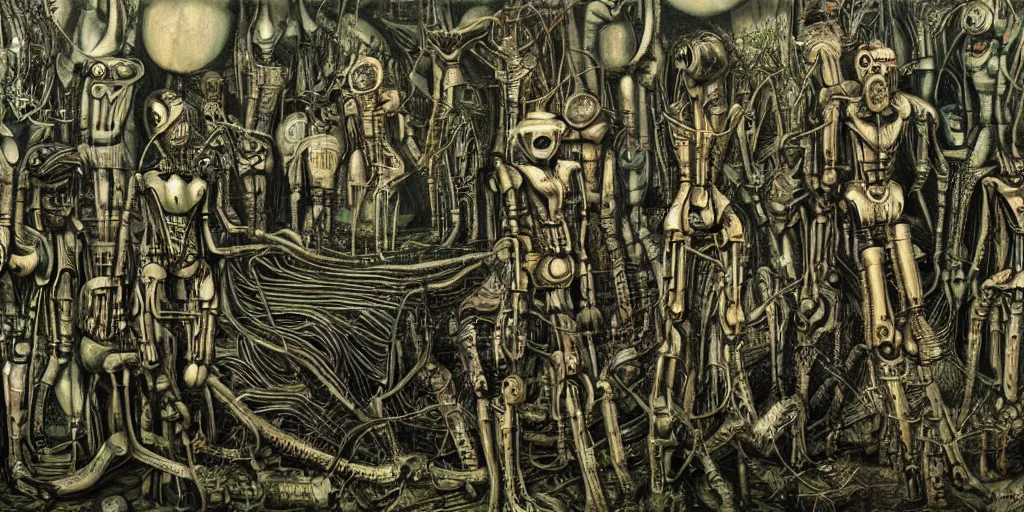 Prompt: 10000 robots fighting in the forest H.R. Giger. high details. photorealistic