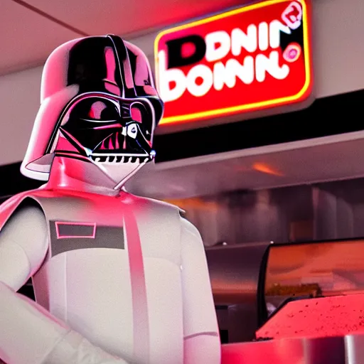 Image similar to darth vador working at dunkin donuts , 8k cinematic lighting, very sharp detail, anatomically correct